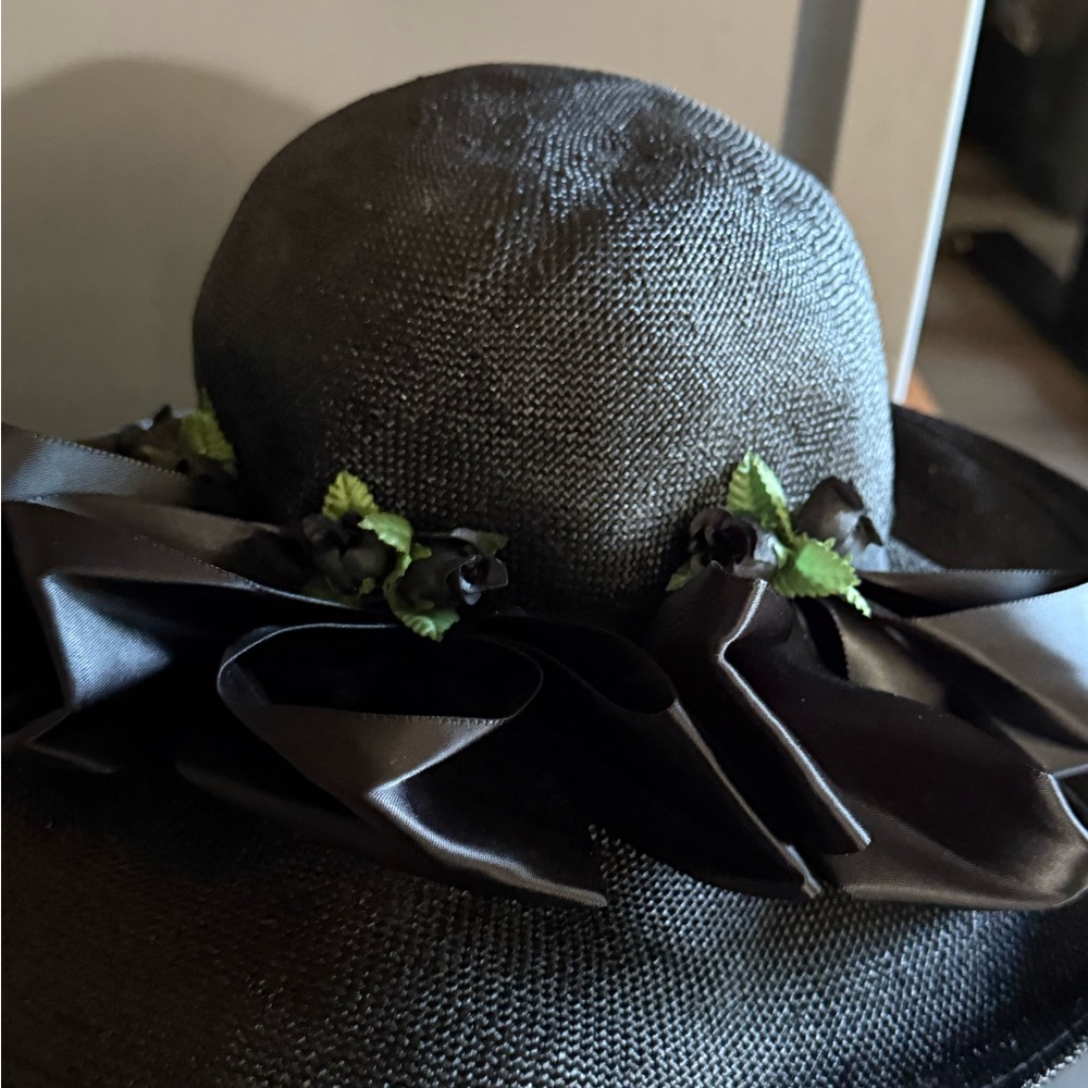 Black Straw Cloche Hat with‎ Ribbon & Rose Accent Tea Party Kentucky Derby